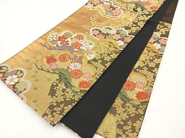 平和屋着物◎六通柄袋帯 唐織 笠松花文 黒地 金銀糸 正絹 逸品 BAAT5034jr