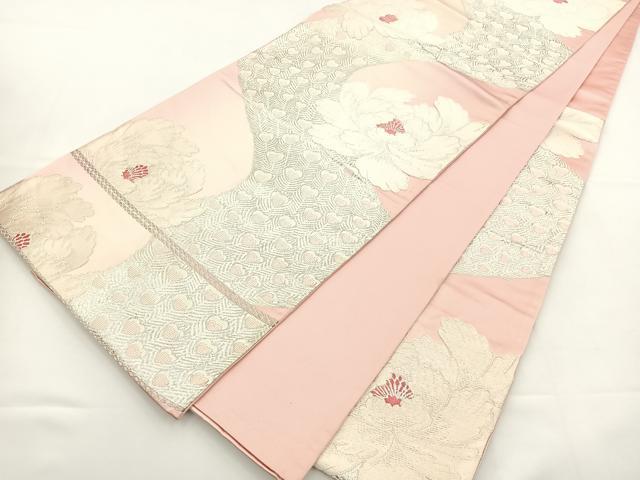 平和屋着物◎六通柄袋帯 唐織 牡丹文 銀糸 正絹 逸品 BAAT5037jr