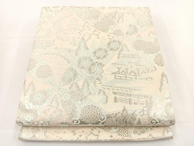 平和屋着物◎六通柄 本袋帯 唐織 七宝風景文 銀糸 正絹 逸品 BAAT5039jr