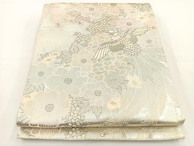 平和屋着物◎六通柄袋帯 唐織 尾長鳥花文 銀糸 正絹 逸品 BAAT5104jr