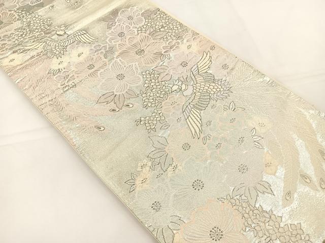 平和屋着物◎六通柄袋帯 唐織 尾長鳥花文 銀糸 正絹 逸品 BAAT5104jr