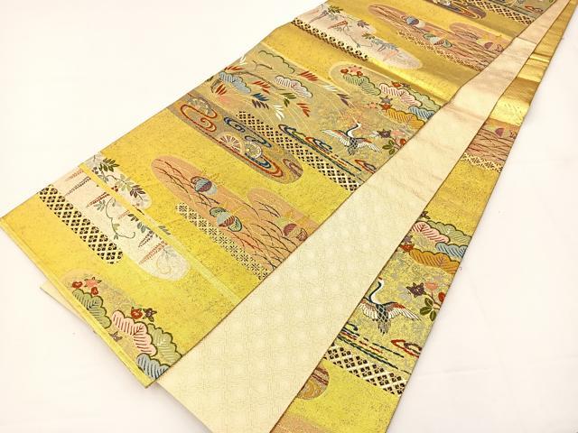 平和屋着物◎六通柄袋帯 唐織 エ霞飛鶴花文 金銀糸 正絹 逸品 BAAT5117jr