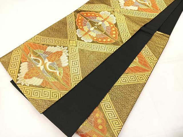 平和屋着物◎六通柄袋帯 双鶴双蝶文 黒地 金銀糸 正絹 逸品 BAAT5122jr