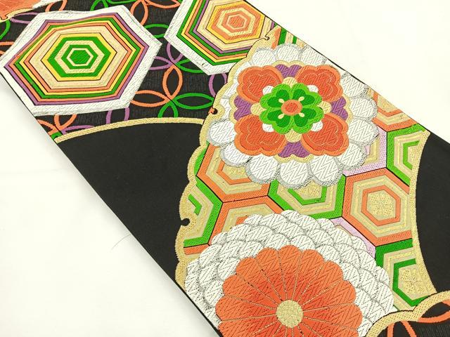 平和屋着物◎六通柄袋帯 唐織 雪輪花文 黒地 金銀糸 正絹 逸品 BAAT5133jr