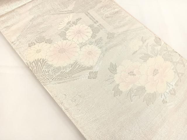 平和屋着物◎六通柄袋帯 唐織 雲取り花文 銀糸 正絹 逸品 BAAT5151jr