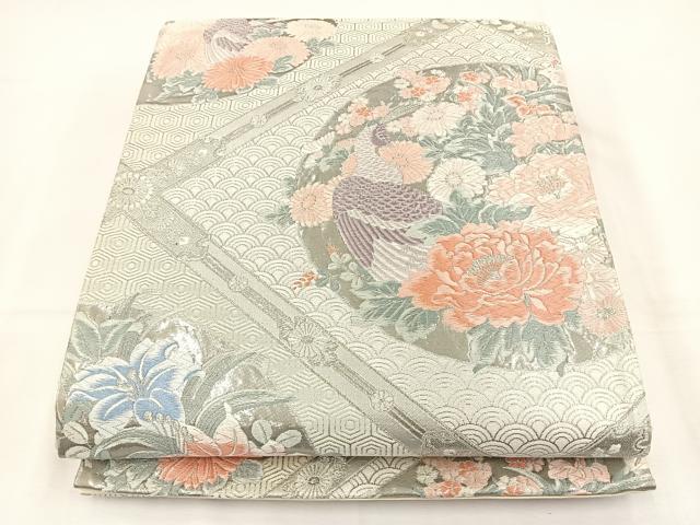 平和屋着物◎六通柄袋帯 唐織 九百錦 桃山花鳥文 プラチナ箔 正絹 逸品 BAAT5165jr