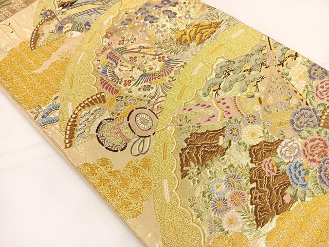 平和屋着物◎西陣 六通柄袋帯 唐織 彩華 扇面佳庭文 金糸 正絹 逸品 BAAT5173jr