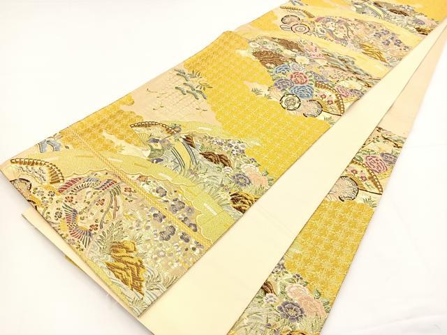 平和屋着物◎西陣 六通柄袋帯 唐織 彩華 扇面佳庭文 金糸 正絹 逸品 BAAT5173jr