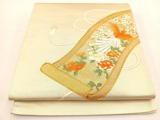 平和屋着物◎太鼓柄袋帯 総刺繍 駒刺繍 花鳥絵巻 金糸 正絹 逸品 BAAT5178jr
