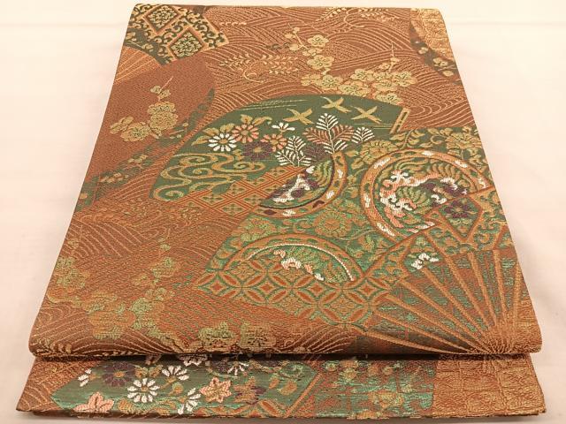 平和屋着物◎六通柄袋帯 唐織 扇面花鳥文 金糸 正絹 逸品 BAAT5372hv