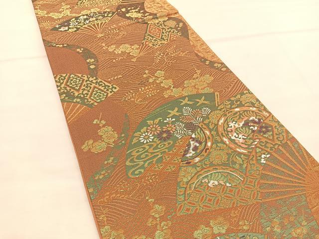 平和屋着物◎六通柄袋帯 唐織 扇面花鳥文 金糸 正絹 逸品 BAAT5372hv
