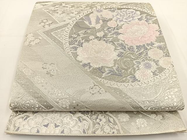 平和屋着物◎六通柄袋帯 唐織 花鳥文 銀糸 正絹 逸品 BAAT5412yt