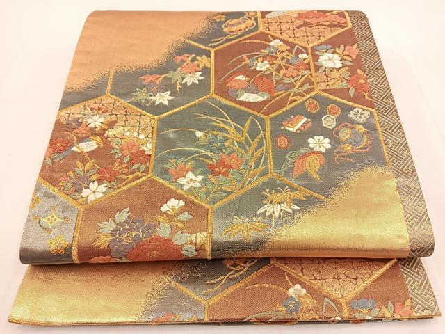 平和屋着物◎六通柄袋帯 唐織 亀甲花鳥文 金糸 正絹 逸品 BAAT5467yt