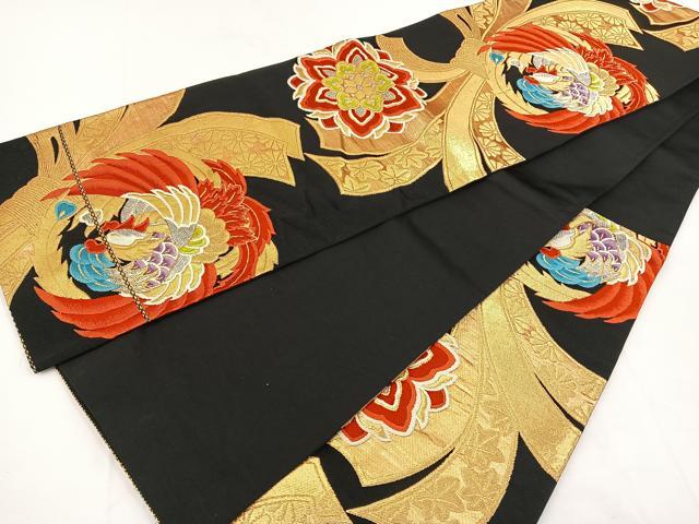 平和屋着物◎六通柄袋帯 唐織 鳳凰花文 黒地 金銀糸 正絹 逸品 BAAT5581yt