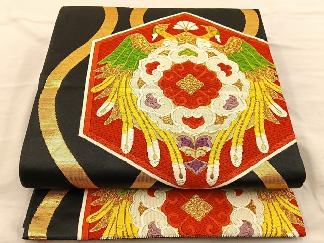 平和屋着物◎六通柄袋帯 唐織 花鳥文 黒地 金糸 正絹 逸品 BAAT5666xa