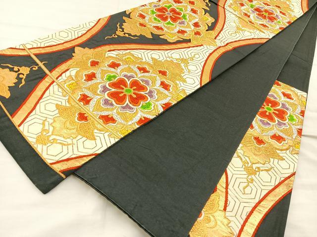 平和屋着物◎六通柄袋帯 唐織 縦枠花文 黒地 金銀糸 正絹 逸品 BAAT5669xa