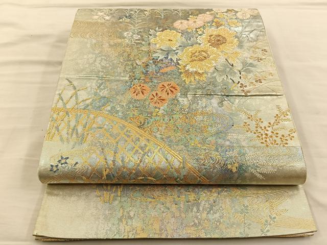 平和屋着物◎六通柄袋帯 流水花文 金糸 引箔 正絹 逸品 BAAT5693xa