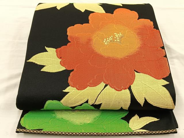 平和屋着物◎六通柄袋帯 草花文 黒地 金糸 正絹 逸品 BAAT5701xa