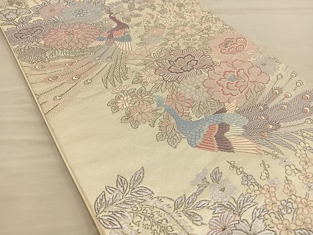 平和屋着物◎六通柄袋帯 唐織 孔雀花文 銀糸 正絹 逸品 BAAT5714xa