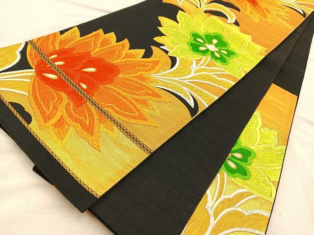 平和屋着物◎六通柄袋帯 唐織 更紗花文 黒地 金糸 正絹 逸品 BAAT5723xa