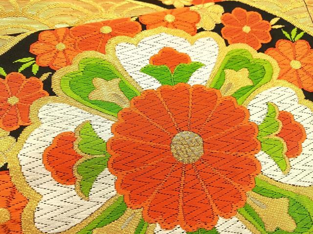 平和屋着物◎六通柄袋帯 唐織 花丸文 黒地 金糸 正絹 逸品 BAAT5780xa