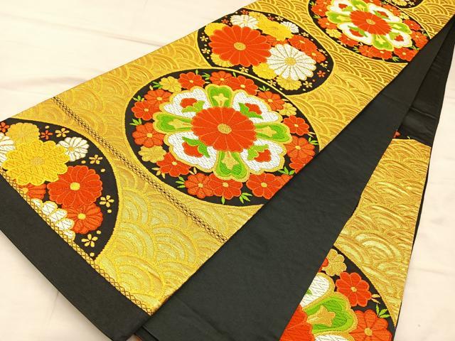 平和屋着物◎六通柄袋帯 唐織 花丸文 黒地 金糸 正絹 逸品 BAAT5780xa