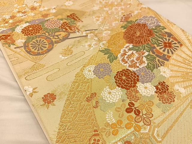 平和屋着物◎六通柄袋帯 唐織 扇面花文 金糸 正絹 逸品 BAAT5793xa