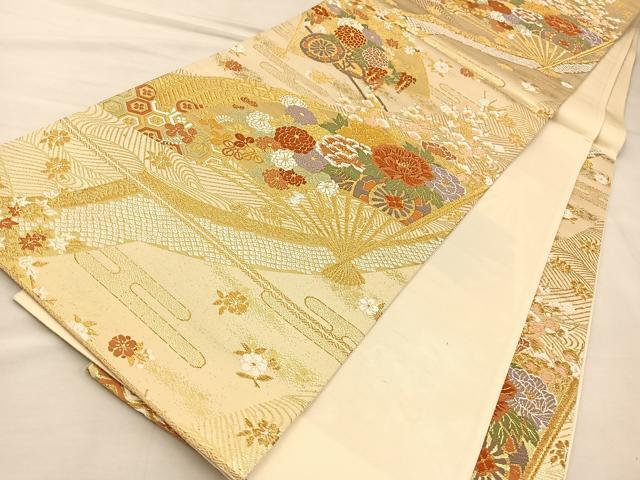 平和屋着物◎六通柄袋帯 唐織 扇面花文 金糸 正絹 逸品 BAAT5793xa