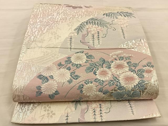 平和屋着物◎六通柄袋帯 唐織 地紙花文 銀糸 正絹 逸品 BAAT5817xa