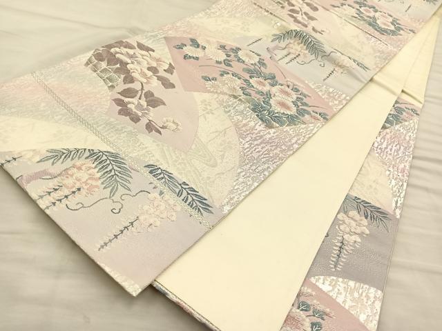 平和屋着物◎六通柄袋帯 唐織 地紙花文 銀糸 正絹 逸品 BAAT5817xa