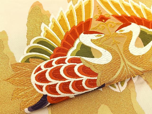 平和屋着物◎六通柄袋帯 唐織 向かい鶴 金糸 正絹 逸品 BAAT5818xa