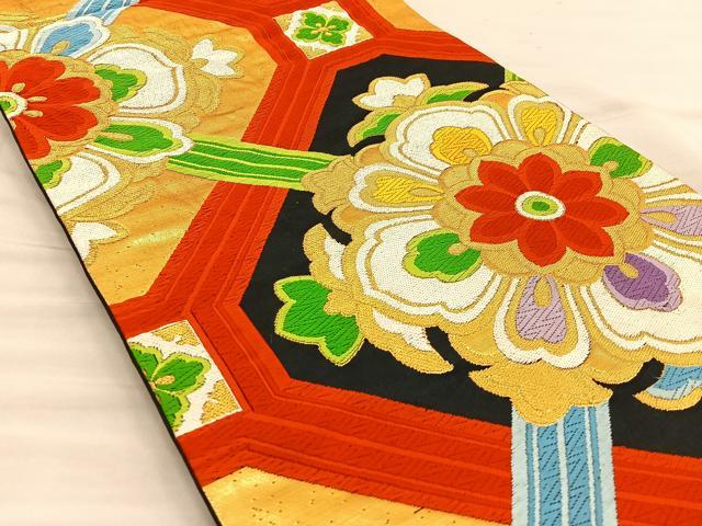 平和屋着物◎六通柄袋帯 唐織 蜀江花文 黒地 金糸 正絹 逸品 BAAT5823xa