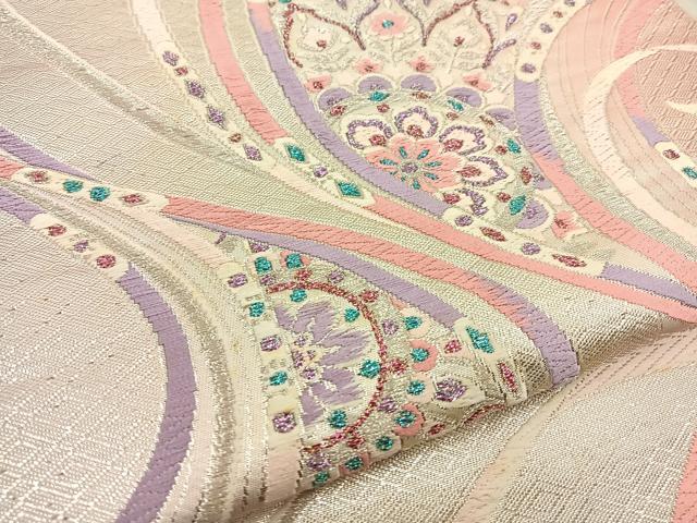 平和屋着物◎六通柄袋帯 唐織 孔雀花文 銀糸 正絹 逸品 BAAT5839xa