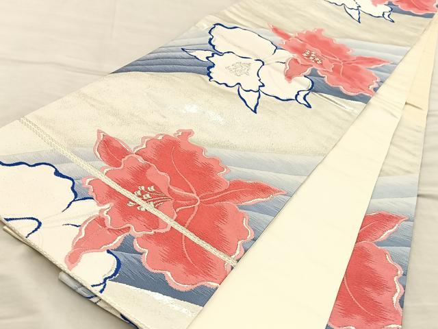 平和屋着物◎六通柄袋帯 唐織 カトレア 銀糸 正絹 逸品 BAAT5843xa