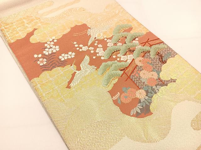 平和屋着物◎太鼓柄袋帯 唐織 雲重ね飛鶴花文 金銀糸 正絹 逸品 BAAT5921yc