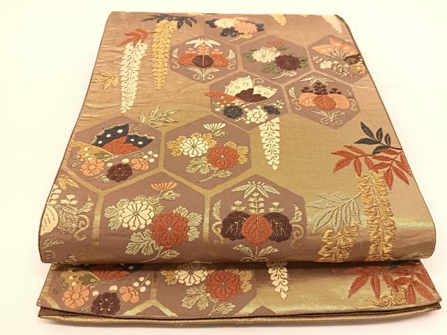 平和屋着物◎六通柄袋帯 唐織 亀甲花蝶文 正絹 逸品 BAAT5975yc