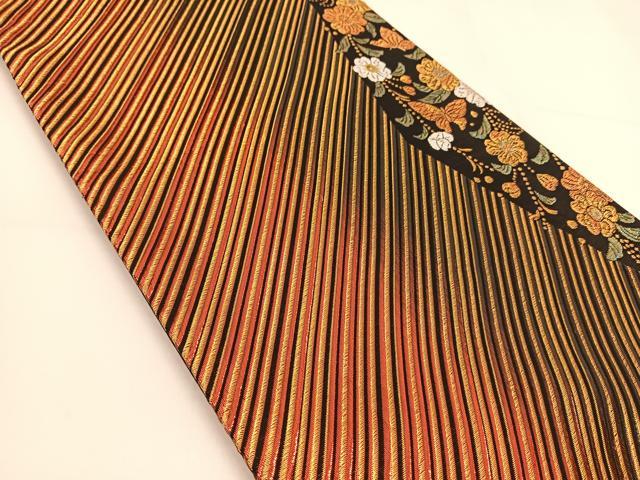 平和屋着物◎六通柄袋帯 花蝶文 黒地 金銀糸 正絹 逸品 BAAT5978yc
