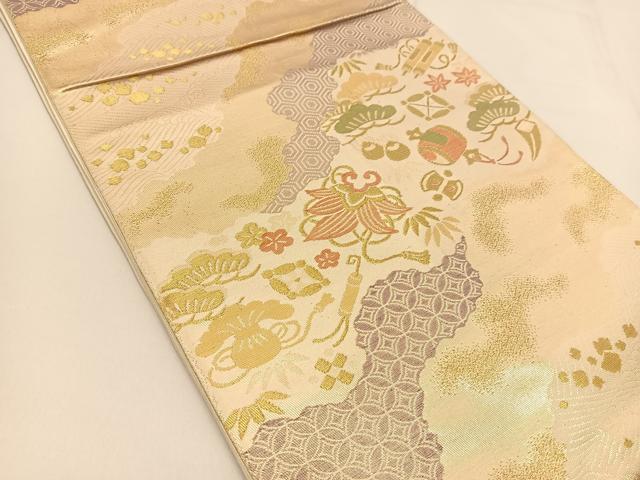 平和屋着物◎六通柄袋帯 宝尽くし草花文 金糸 正絹 逸品 BAAT5985yc