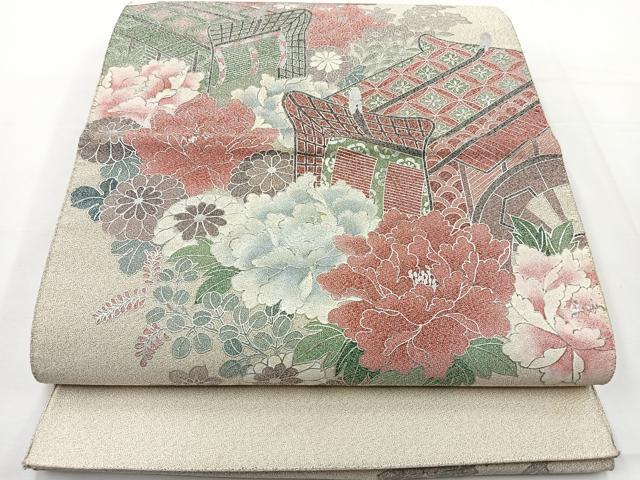 平和屋着物◎太鼓柄袋帯 綴れ 御所車花文 銀彩 正絹 逸品 BAAT6003ea