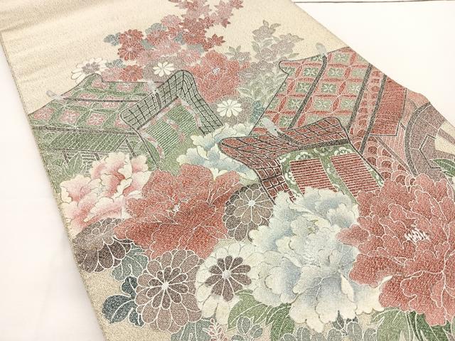 平和屋着物◎太鼓柄袋帯 綴れ 御所車花文 銀彩 正絹 逸品 BAAT6003ea