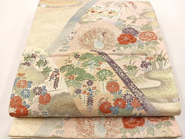 平和屋着物◎六通柄袋帯 唐織 遠山風景花鳥文 金銀糸 正絹 逸品 BAAT6017ea