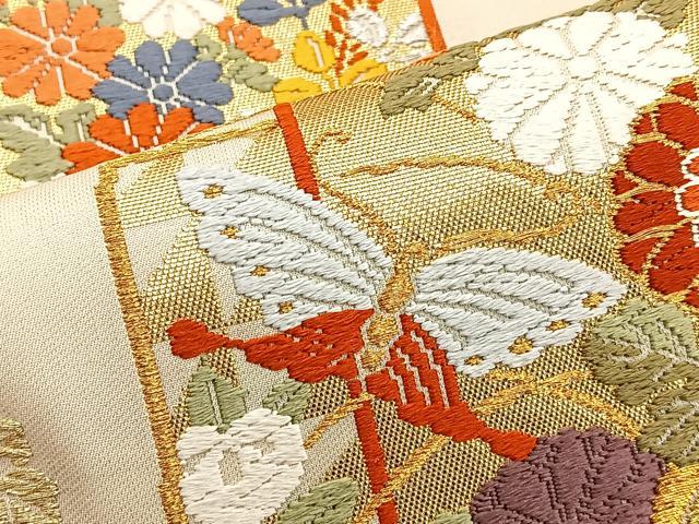 平和屋着物◎六通柄袋帯 唐織 色紙重ね花蝶文 金銀糸 正絹 逸品 BAAT6025ea