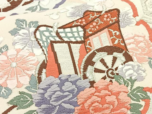 平和屋着物◎六通柄袋帯 唐織 雪輪御所車花文 銀糸 正絹 逸品 BAAT6026ea