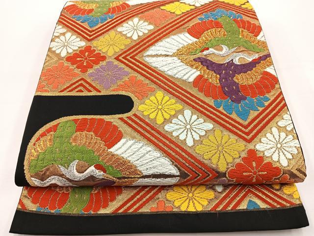 平和屋着物◎六通柄袋帯 唐織 双鶴花菱文 黒地 金銀糸 正絹 逸品 BAAT6038ea