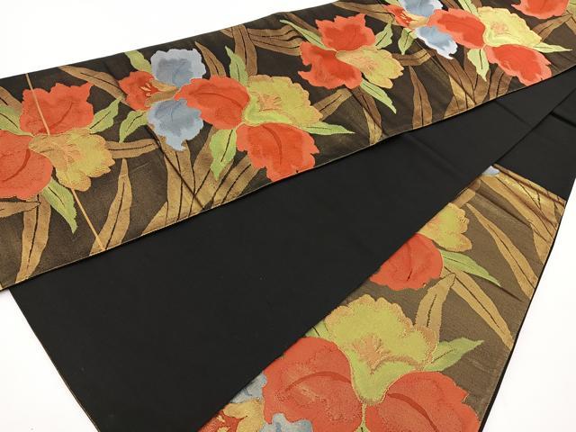 平和屋着物◎六通柄袋帯 草花文 黒地 金糸正絹 逸品 BAAT6078ea