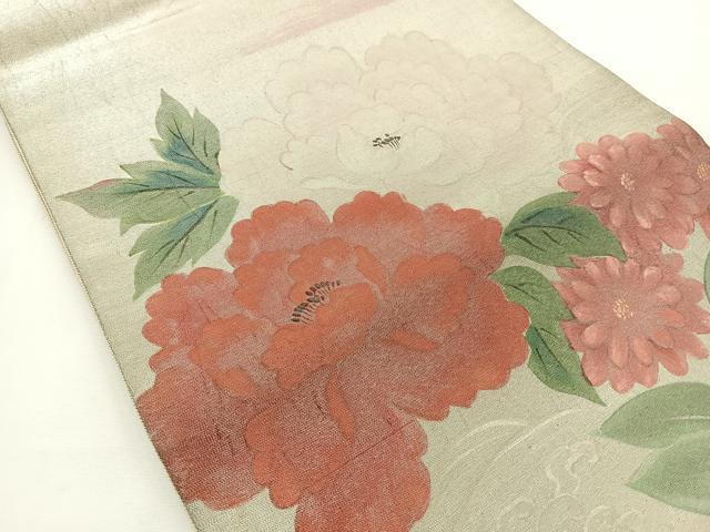平和屋着物◎六通柄袋帯 手描き 牡丹 正絹 逸品 BAAT6094ea