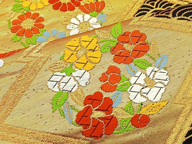 平和屋着物◎六通柄袋帯 唐織 草花丸文 黒地 金糸 正絹 逸品 BAAT6096ea