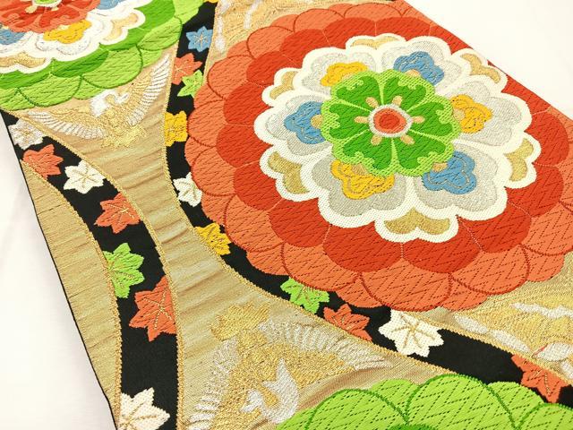 平和屋着物◎六通柄袋帯 唐織 縦枠花鳥文 黒地 金銀糸 正絹 逸品 BAAT6172ea