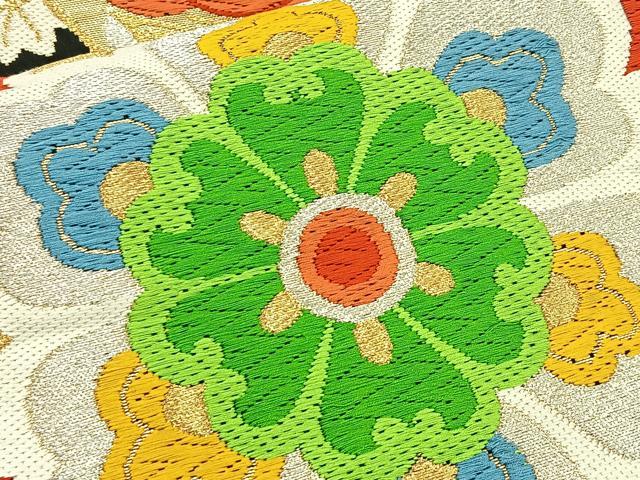 平和屋着物◎六通柄袋帯 唐織 縦枠花鳥文 黒地 金銀糸 正絹 逸品 BAAT6172ea