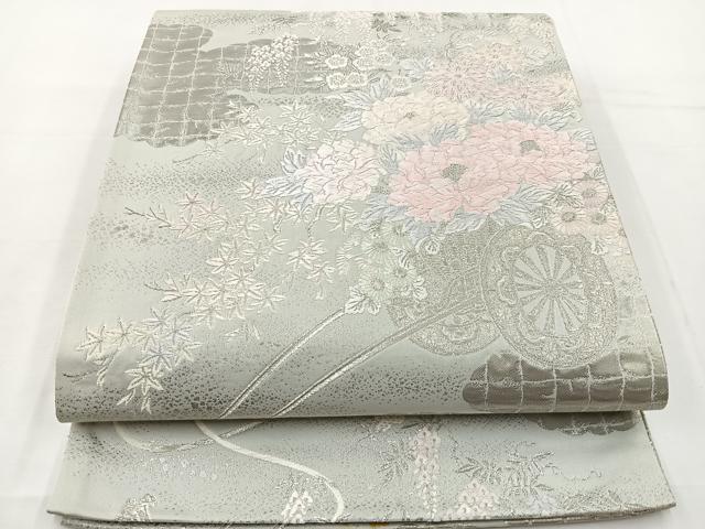 平和屋着物◎六通柄袋帯 唐織 花車文 銀糸 正絹 逸品 BAAT6211ea